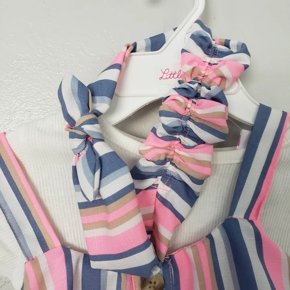 Little Lass NWT Three Piece Outfit Set 5 Jumpsuit Pink Blue White Striped Ruffle - Picture 8 of 8